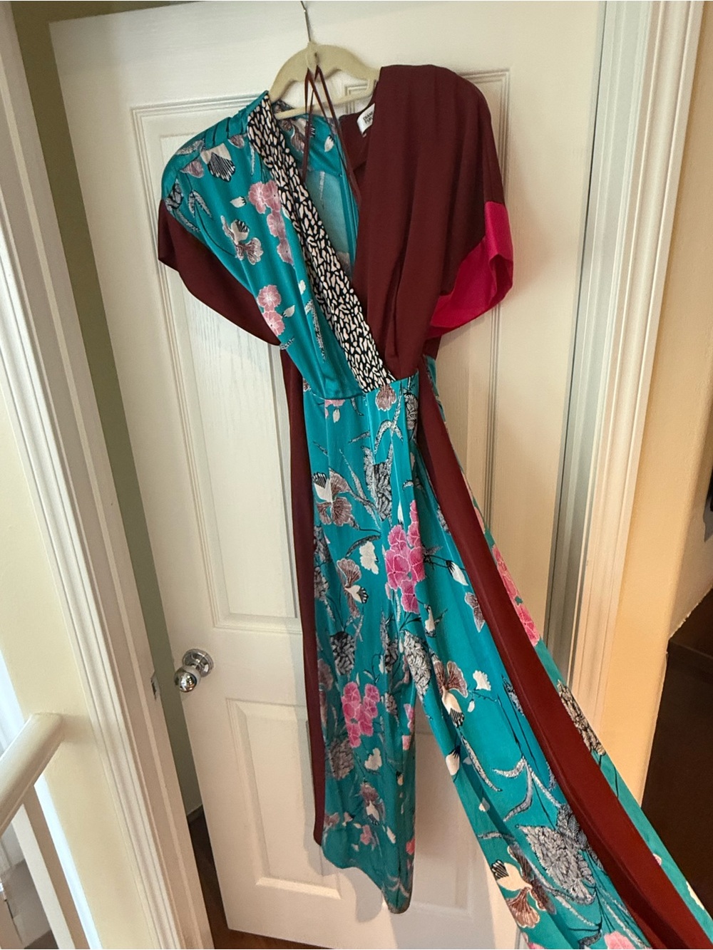 DVF Colorblock Floral Wrap Wide-Leg Jumpsuit Teal Burgundy Pink Kimono Sleeve
